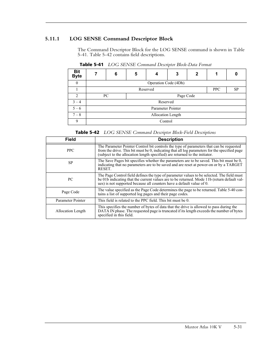 1 log sense command descriptor block | Maxtor 10K V User Manual | Page 89 / 253