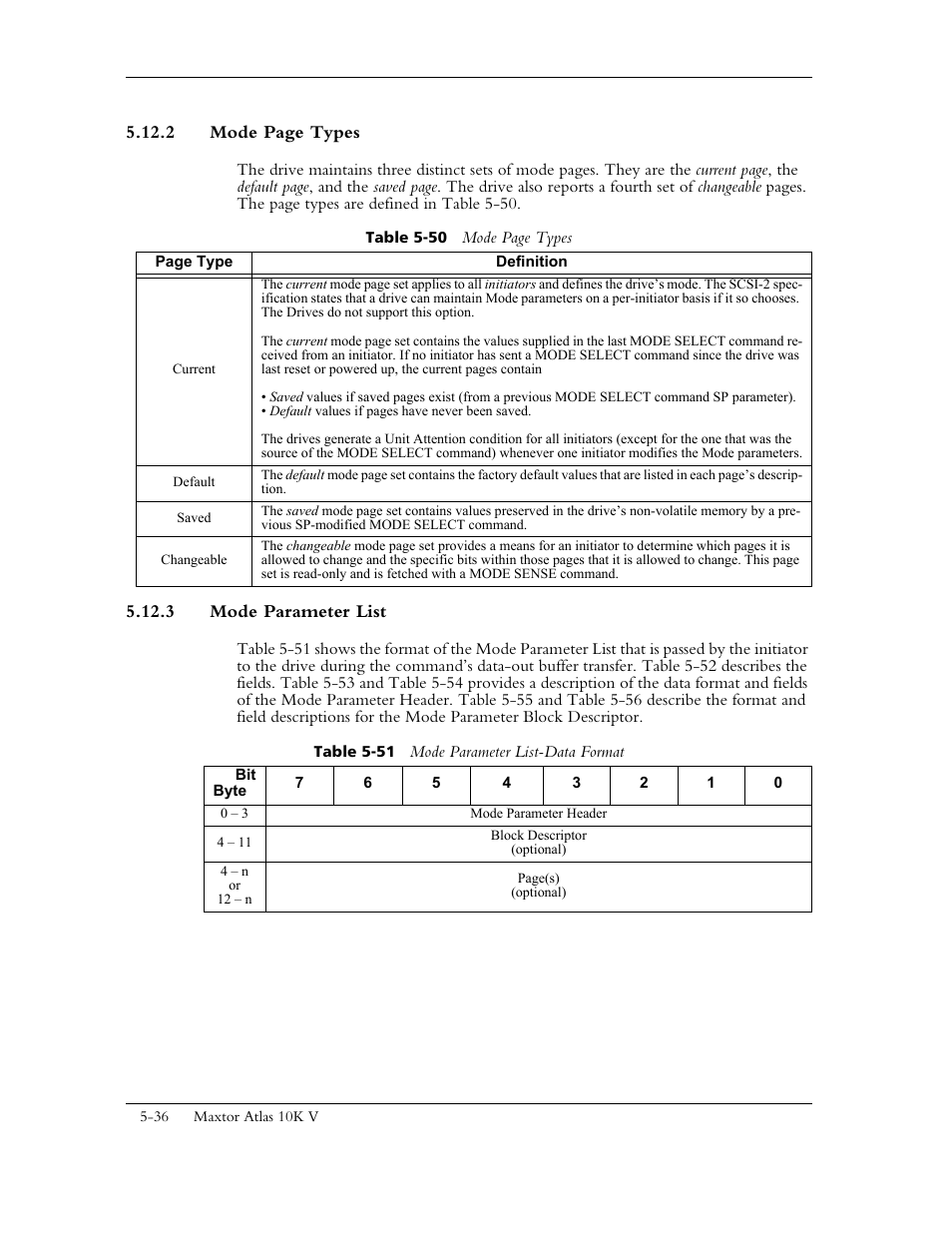 3 mode parameter list, Table 5-51 mode parameter list-data format | Maxtor 10K V User Manual | Page 94 / 253