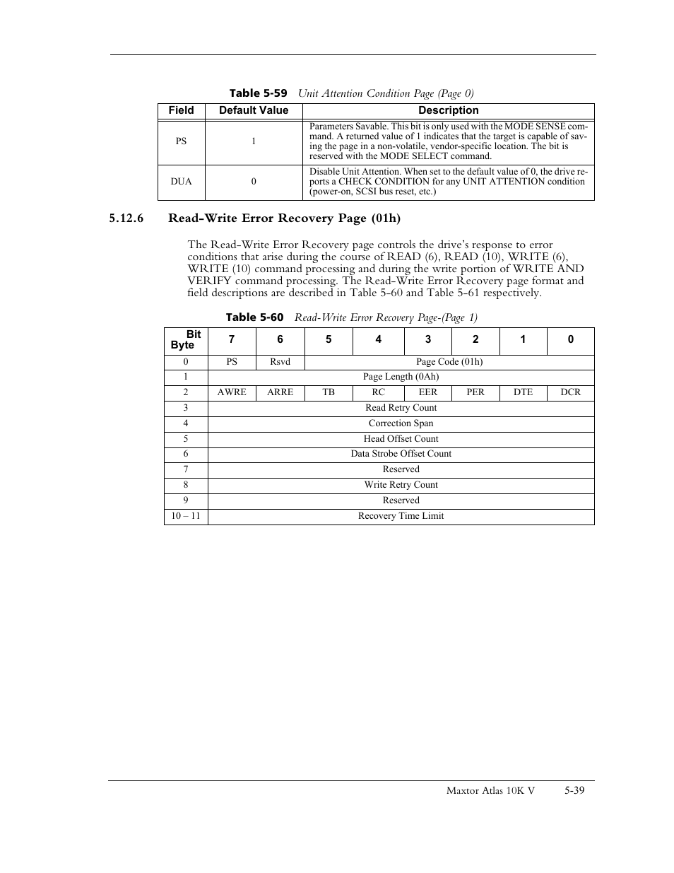 6 read-write error recovery page (01h) | Maxtor 10K V User Manual | Page 97 / 253