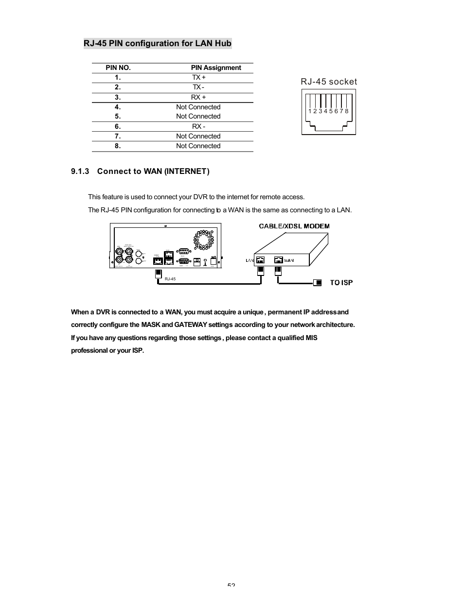 Rj-45 socket, Rj-45 pin configuration for lan hub, 3 connect to wan (internet) | Maxtor SLD240 User Manual | Page 53 / 77