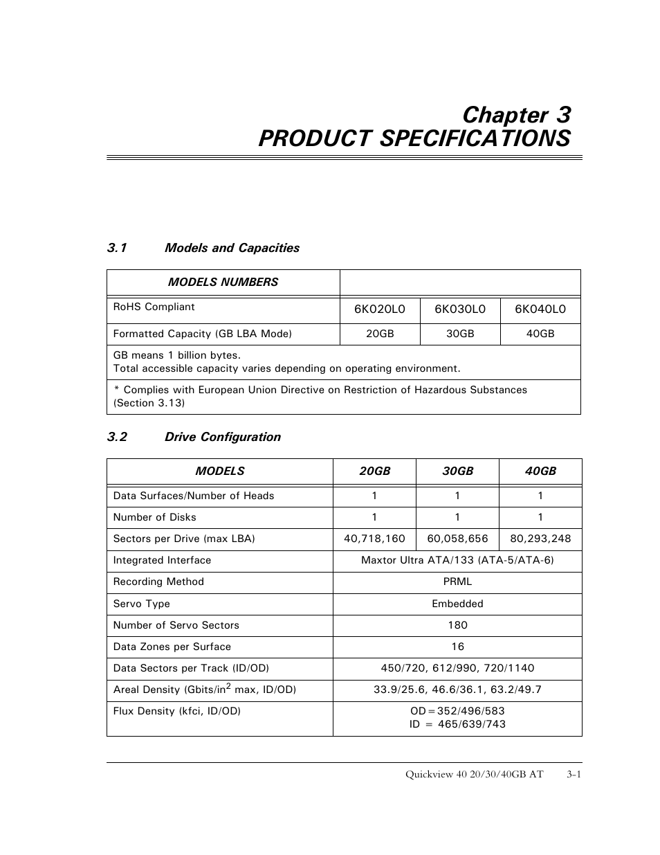 Chapter 3 product specifications | Maxtor 1925 User Manual | Page 17 / 69