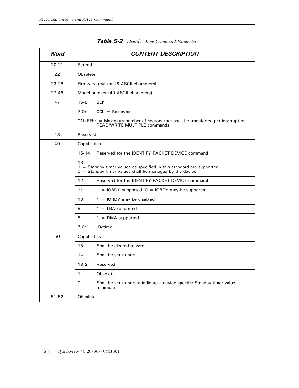 Table 5-2, Word content description | Maxtor 1925 User Manual | Page 49 / 69