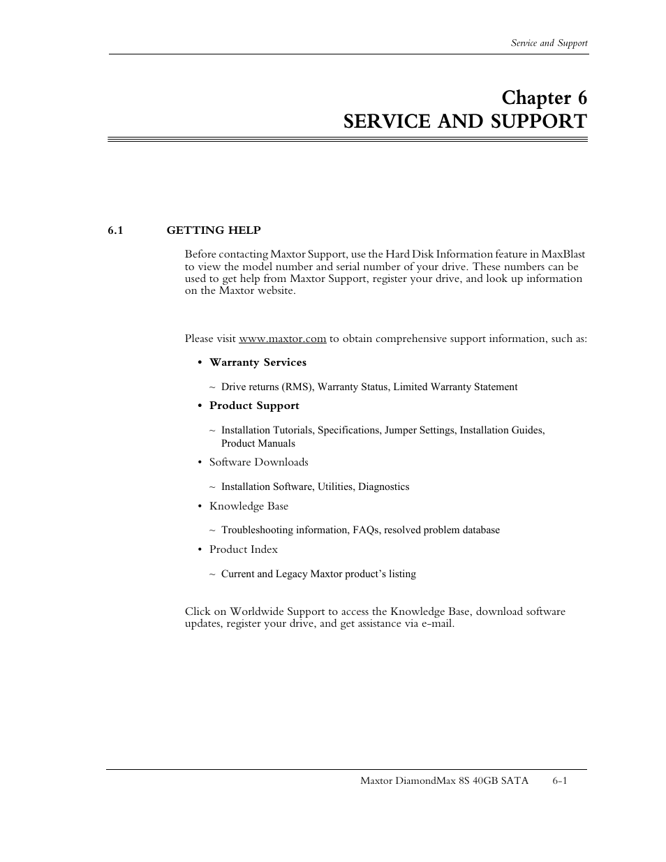 Chapter 6 service and support | Maxtor Computer Drive User Manual | Page 58 / 67