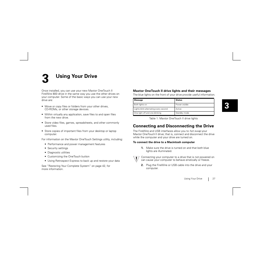 3 - using your drive, Using your drive, Connecting and disconnecting the drive | Maxtor FireWire 800 User Manual | Page 29 / 57