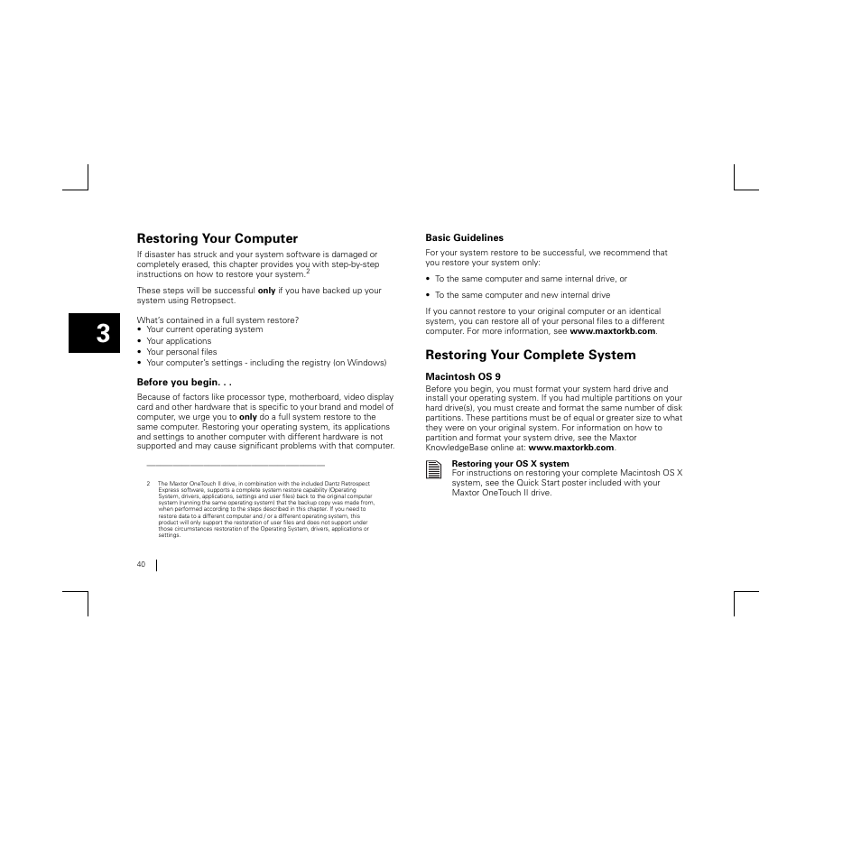 Restoring your computer, Restoring your complete system | Maxtor FireWire 800 User Manual | Page 42 / 57