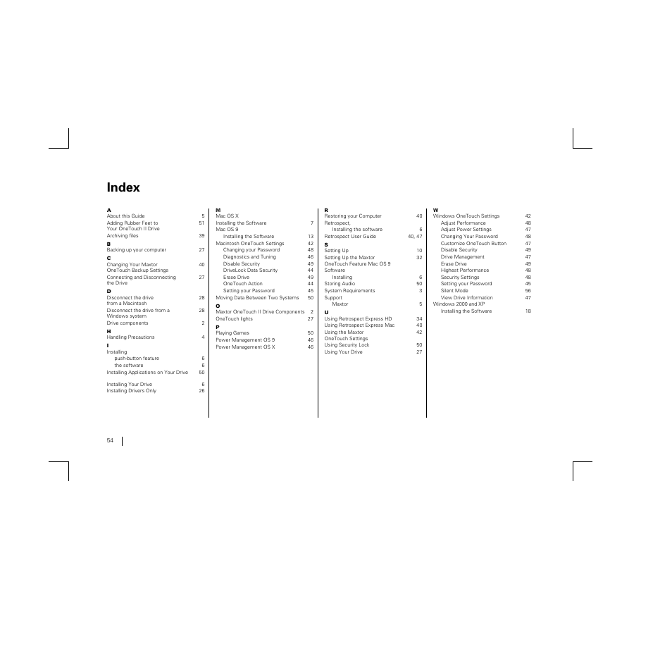 Index | Maxtor FireWire 800 User Manual | Page 56 / 57