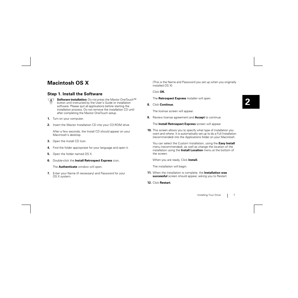 Macintosh os x, Step 1. install the software | Maxtor FireWire 800 User Manual | Page 9 / 57