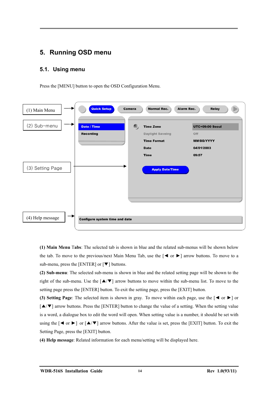 Running osd menu | Maxtor WDR-516S User Manual | Page 14 / 56