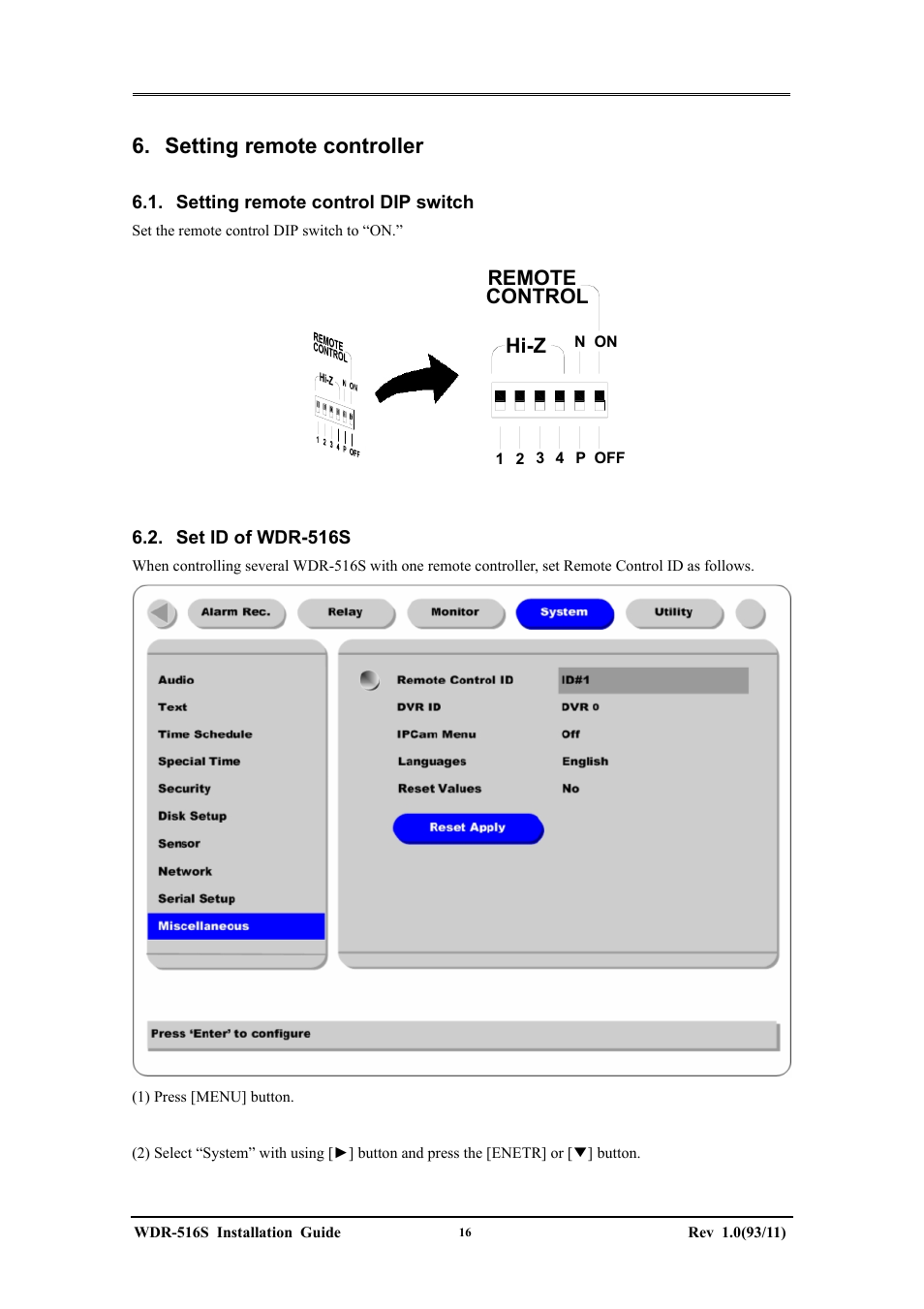 Setting remote controller, Hi-z, Control remote | Maxtor WDR-516S User Manual | Page 16 / 56