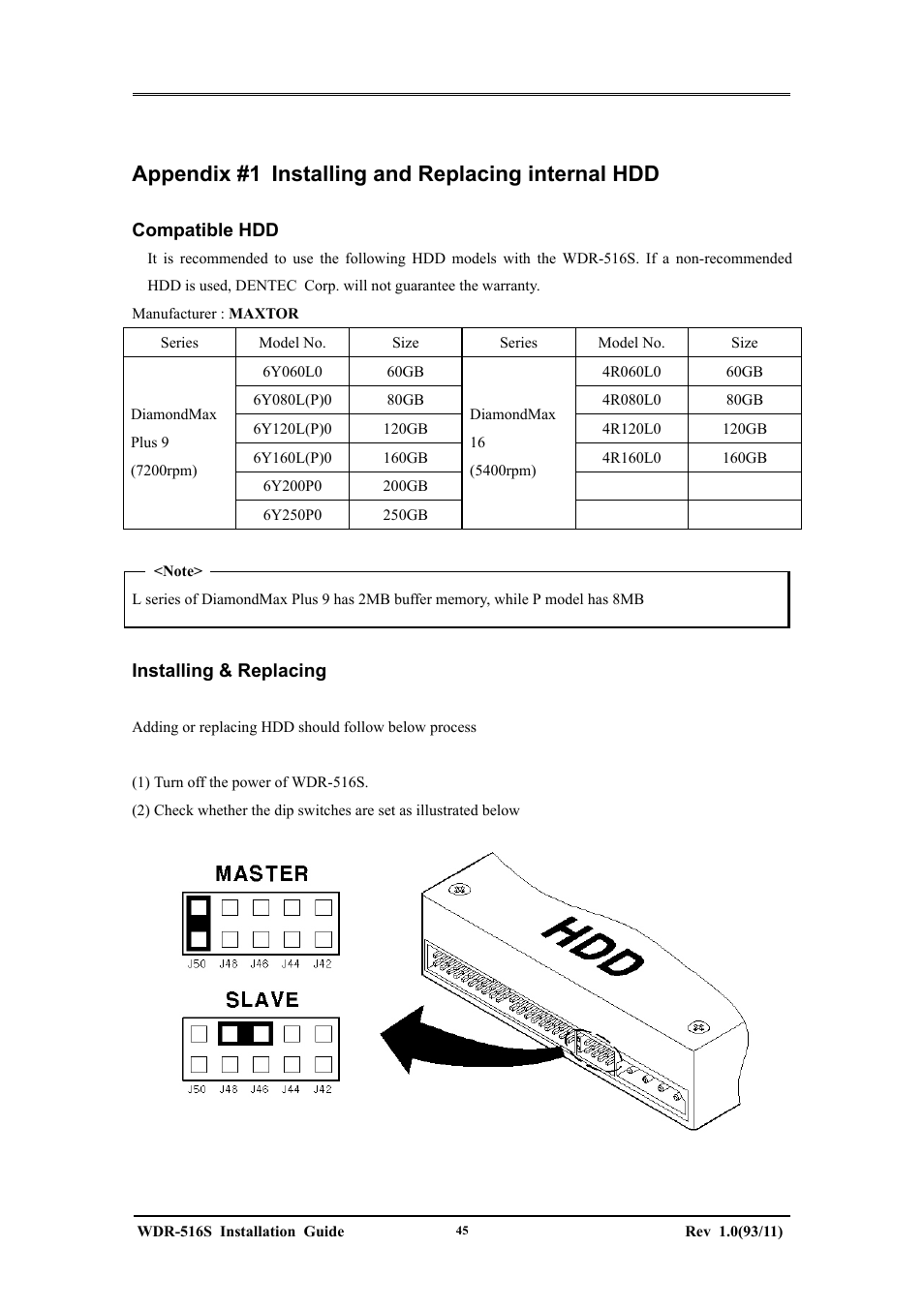 Appendix #1 installing and replacing internal hdd | Maxtor WDR-516S User Manual | Page 45 / 56