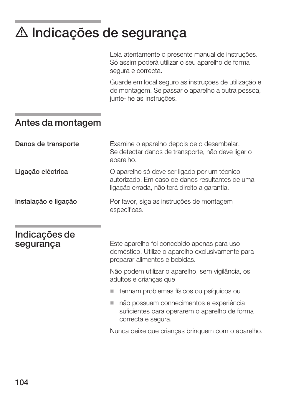 D indicações de segurança, Antes da montagem, Indicações de segurança | Siemens HF25G5L2 User Manual | Page 104 / 204