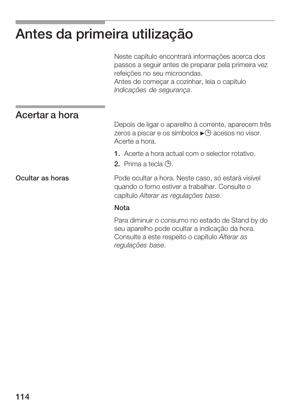 Antes da primeira utilização, Acertar a hora | Siemens HF25G5L2 User Manual | Page 114 / 204