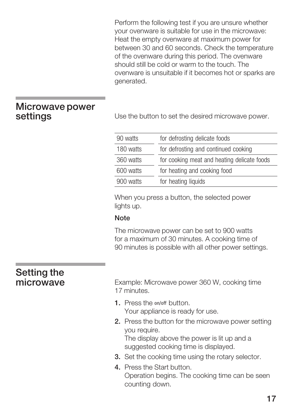 Microwave power settings setting the microwave | Siemens HF25G5L2 User Manual | Page 17 / 204