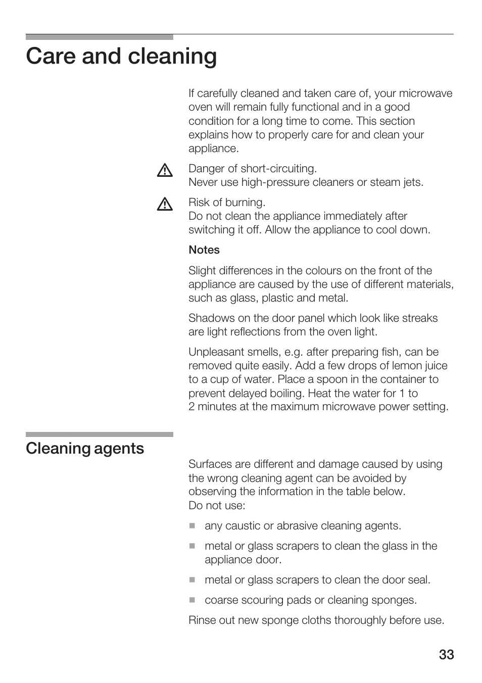Care and cleaning, Cleaning agents | Siemens HF25G5L2 User Manual | Page 33 / 204