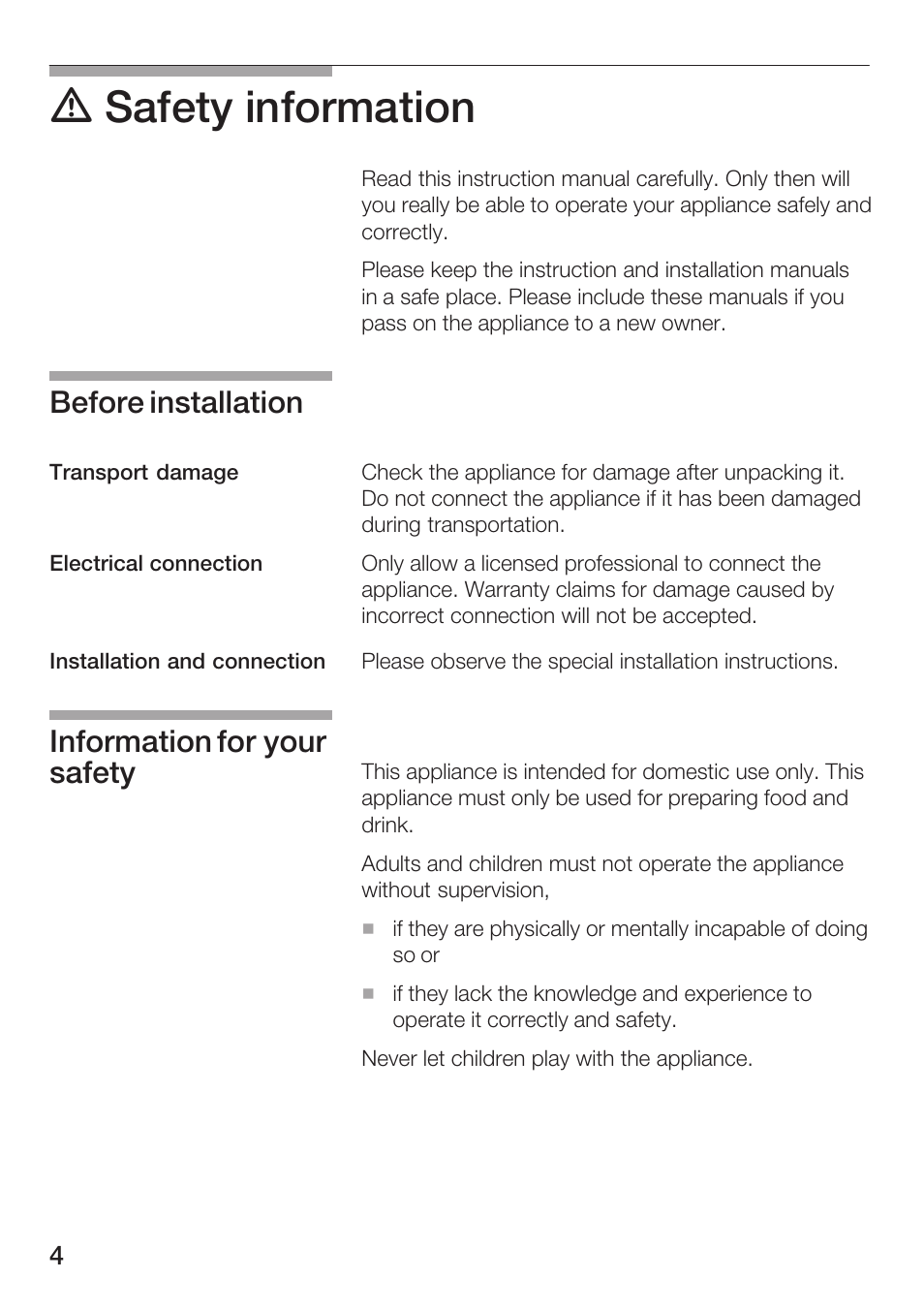 D safety information, Before installation, Information for your safety | Siemens HF25G5L2 User Manual | Page 4 / 204