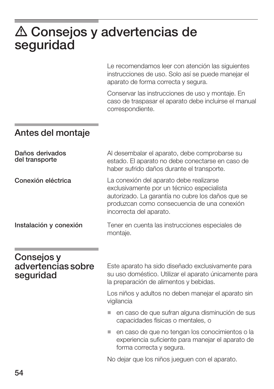 D consejos y advertencias de seguridad, Antes del montaje, Consejos y advertencias sobre seguridad | Siemens HF25G5L2 User Manual | Page 54 / 204