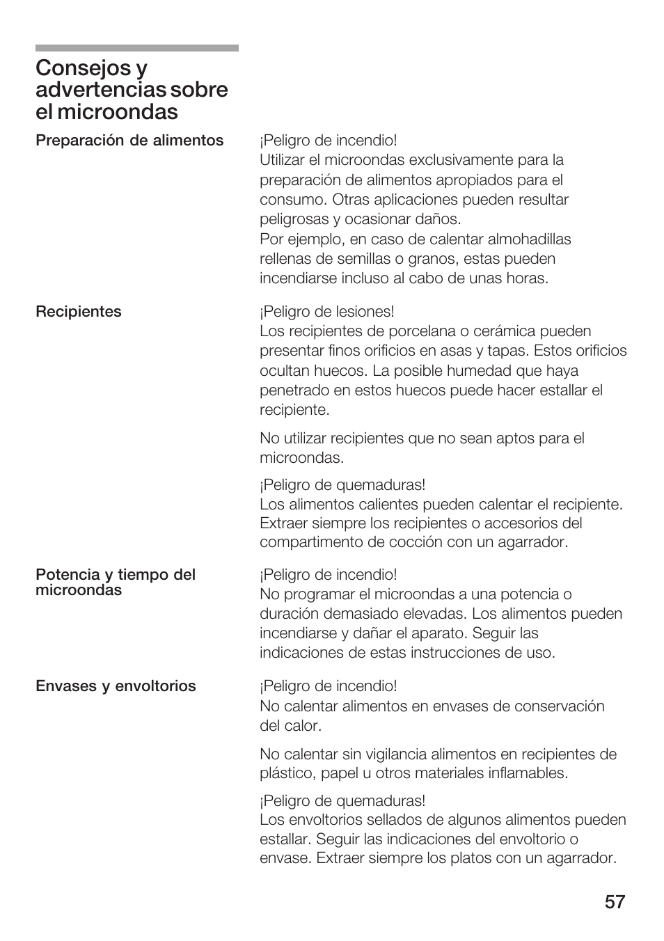 Consejos y advertencias sobre el microondas | Siemens HF25G5L2 User Manual | Page 57 / 204