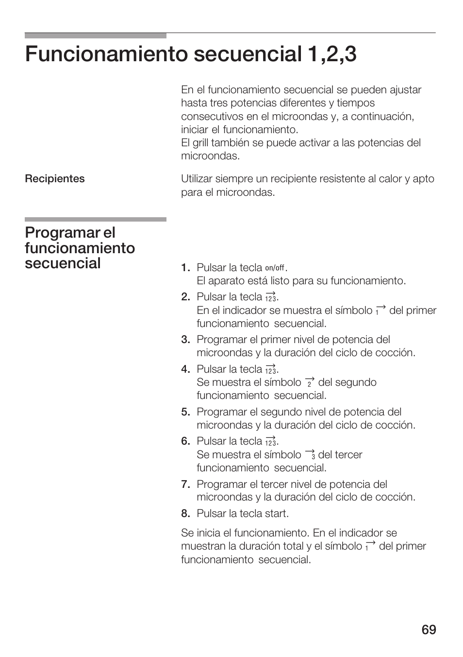 Funcionamiento secuencial 1,2,3, Programar el funcionamiento secuencial | Siemens HF25G5L2 User Manual | Page 69 / 204