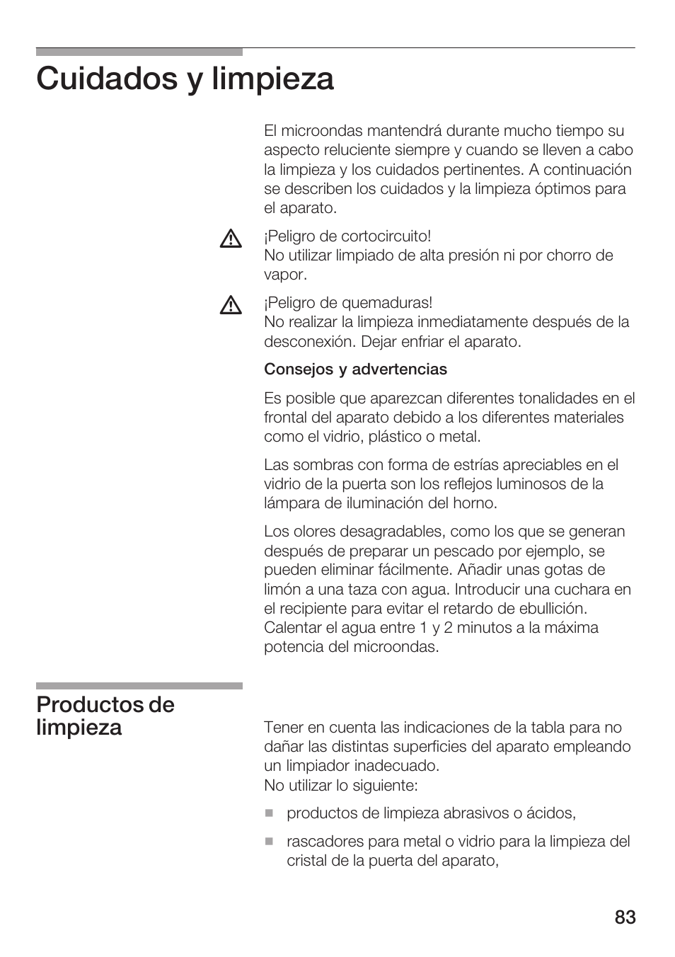 Cuidados y limpieza, Productos de limpieza | Siemens HF25G5L2 User Manual | Page 83 / 204