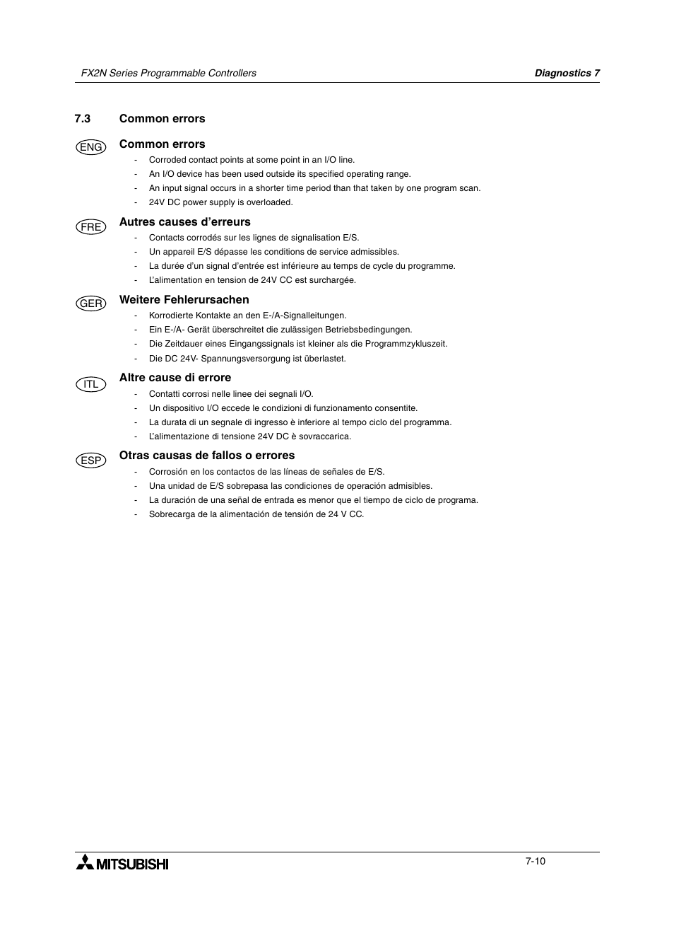 3 common errors, 3 autres causes d’erreurs, 3 weitere fehlerursachen | 3 altre cause di errore, 3 otras causas de fallos o errores, Common errors -10, Autres causes d’erreurs -10, Weitere fehlerursachen -10, Altre cause di errore -10, Otras causas de fallos o errores -10 | Mitsumi electronic FX2N User Manual | Page 102 / 130