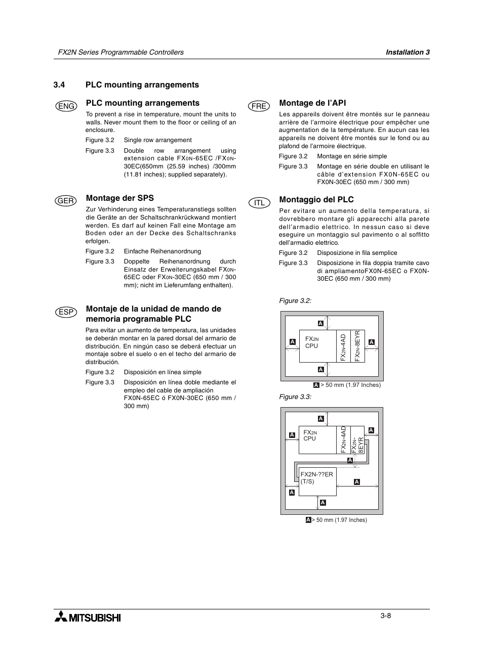 4 plc mounting arrangements, 4 montage de l’api, 4 montage der sps | 4 montaggio del plc, Plc mounting arrangements -8, Montage de l’api -8, Montage der sps -8, Montaggio del plc -8, Montage der sps 3.4, Montage de l’api 3.4 | Mitsumi electronic FX2N User Manual | Page 46 / 130