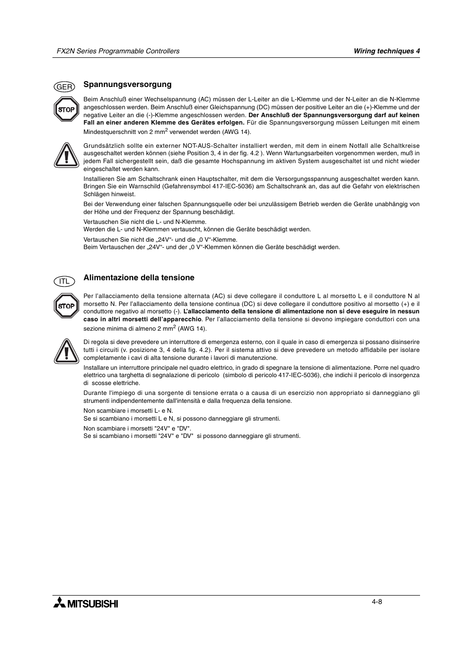 3 spannungsversorgung, 3 alimentazione della tensione, Spannungsversorgung -8 | Alimentazione della tensione -8 | Mitsumi electronic FX2N User Manual | Page 62 / 130