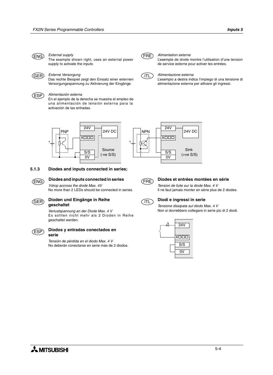 3 diodes and inputs connected in series, 3 diodes et entrées montées en série, 3 dioden und eingänge in reihe geschaltet | 3 diodi e ingressi in serie, 3 diodos y entradas conectados en serie, Diodes and inputs connected in series -4, Diodes et entrées montées en série -4, Dioden und eingänge in reihe geschaltet -4, Diodi e ingressi in serie -4, Diodos y entradas conectados en serie -4 | Mitsumi electronic FX2N User Manual | Page 72 / 130