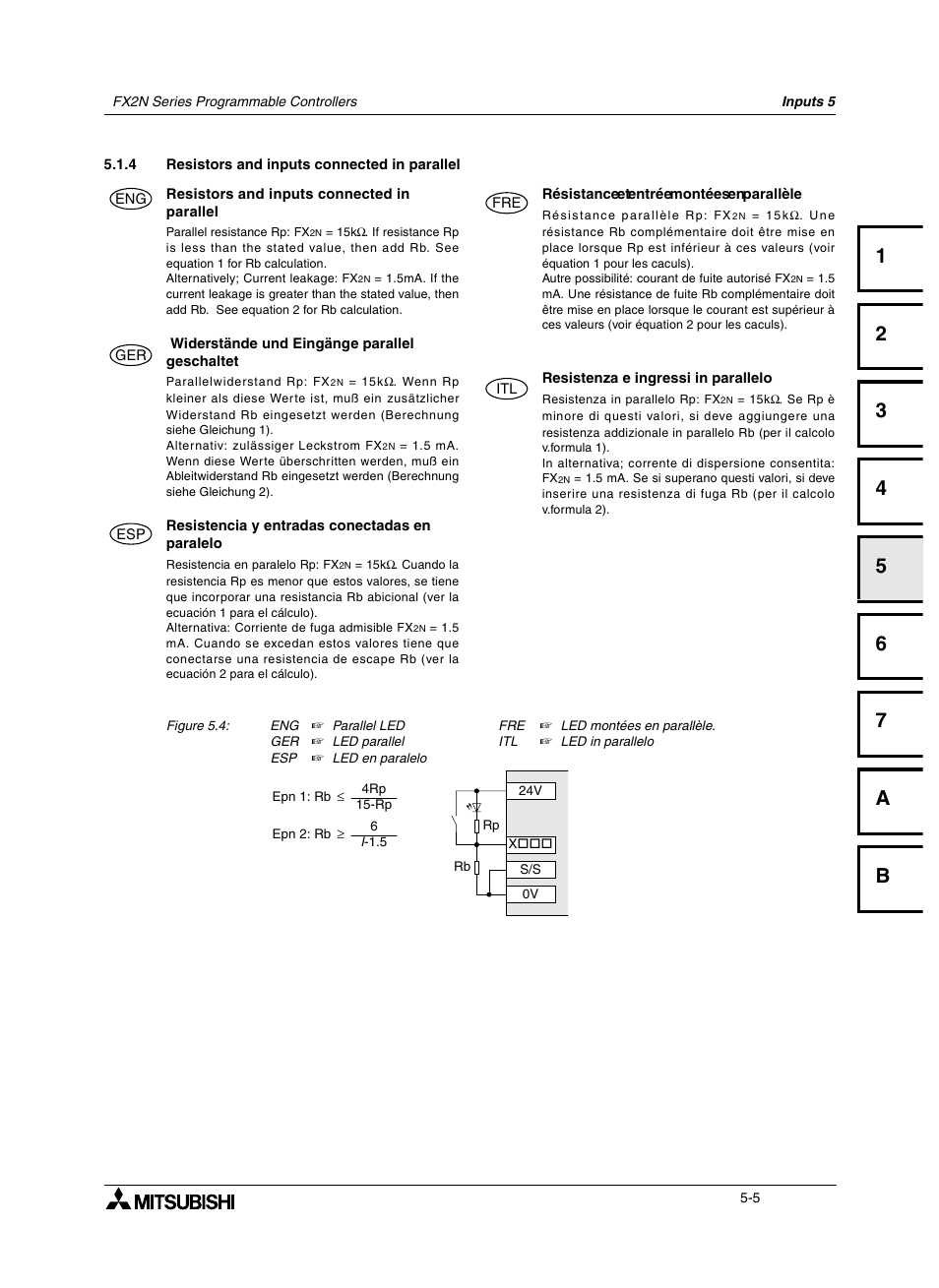 4 resistors and inputs connected in parallel, 4 résistance et entrée montées en parallèle, 4 widerstände und eingänge parallel geschaltet | 4 resistenza e ingressi in parallelo, 4 resistencia y entradas conectadas en paralelo, Resistors and inputs connected in parallel -5, Résistance et entrée montées en parallèle -5, Widerstand und eingänge parallel geschaltet -5, Resistenza e ingressi in parallelo -5, Resistencia y entradas conectadas en paralelo -5 | Mitsumi electronic FX2N User Manual | Page 73 / 130