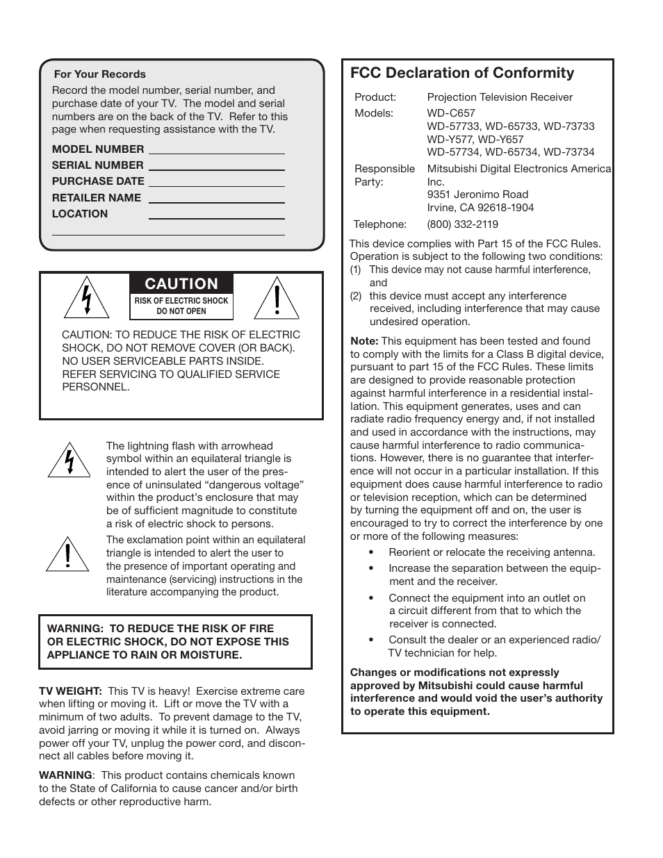 Fcc declaration of conformity, Caution | Mitsumi electronic WD-Y577 User Manual | Page 2 / 84