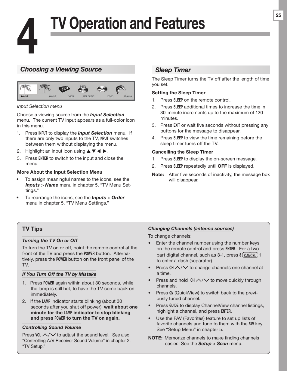 Tv operation and features, Choosing a viewing source, Sleep timer | Mitsumi electronic WD-Y577 User Manual | Page 25 / 84