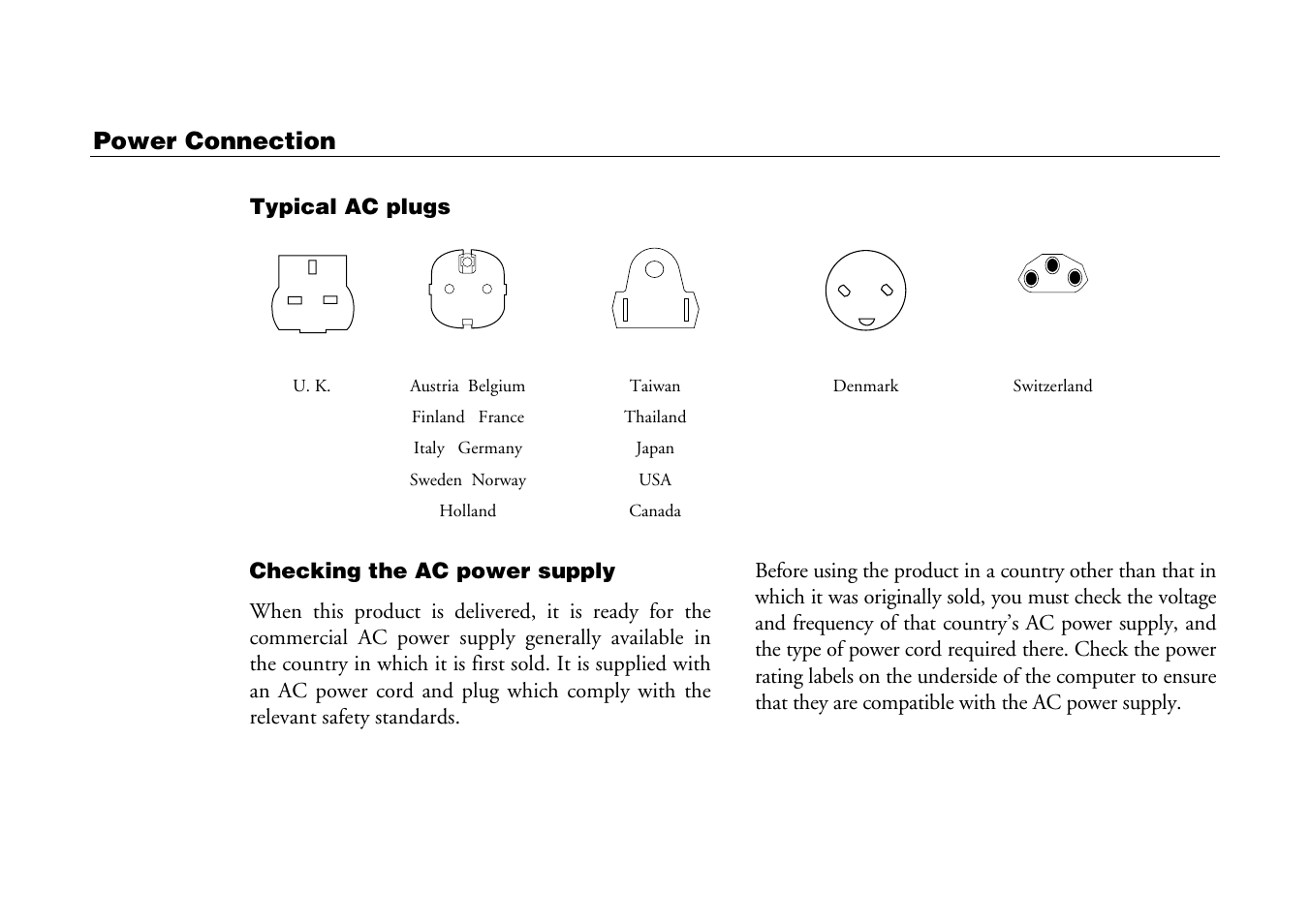 Power connection, Typical ac plugs | Mitsumi electronic Pedion Laptop User Manual | Page 18 / 85