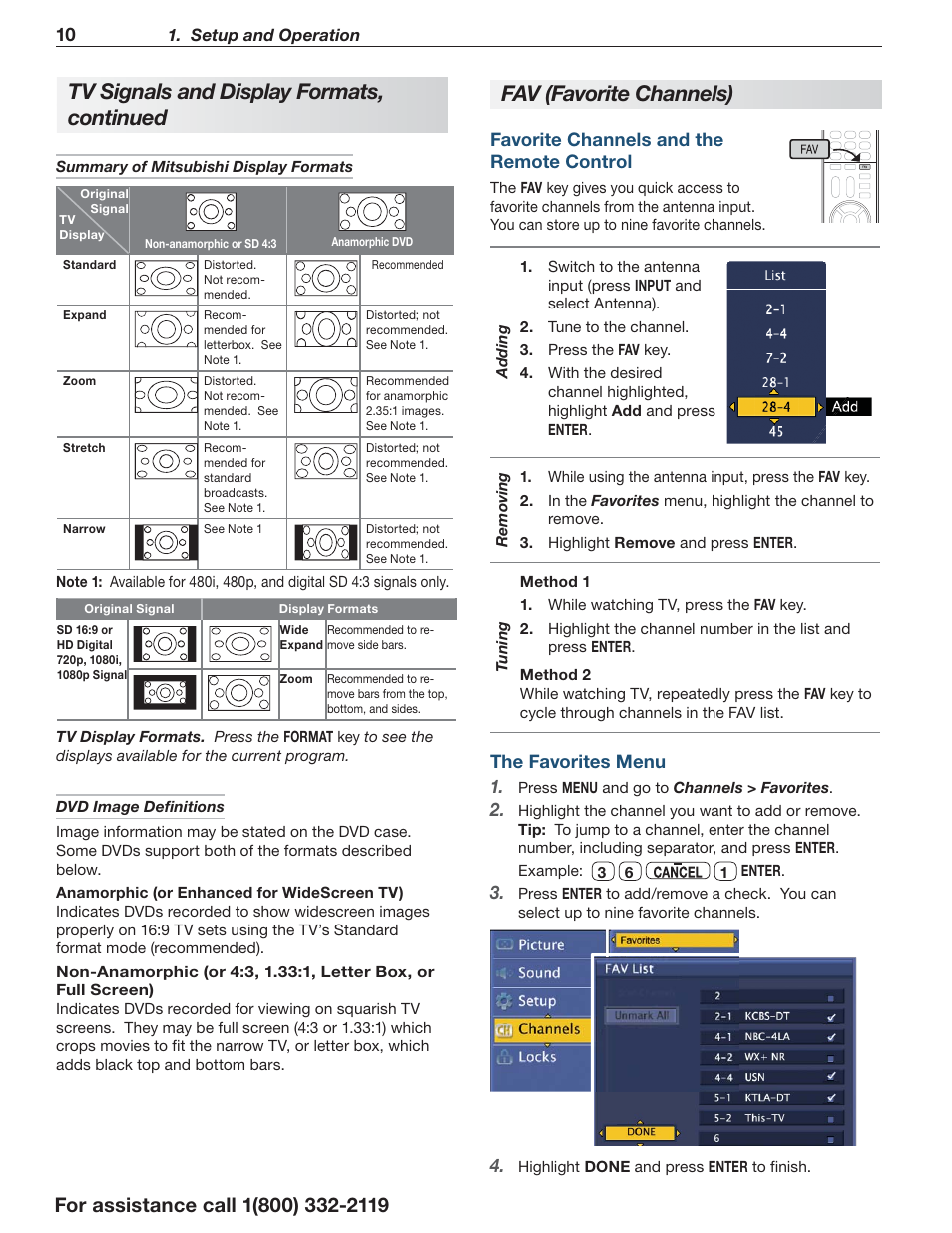 Tv signals and display formats, continued, Fa v ( favorite channels) | Mitsumi electronic C10 SERIES User Manual | Page 10 / 40