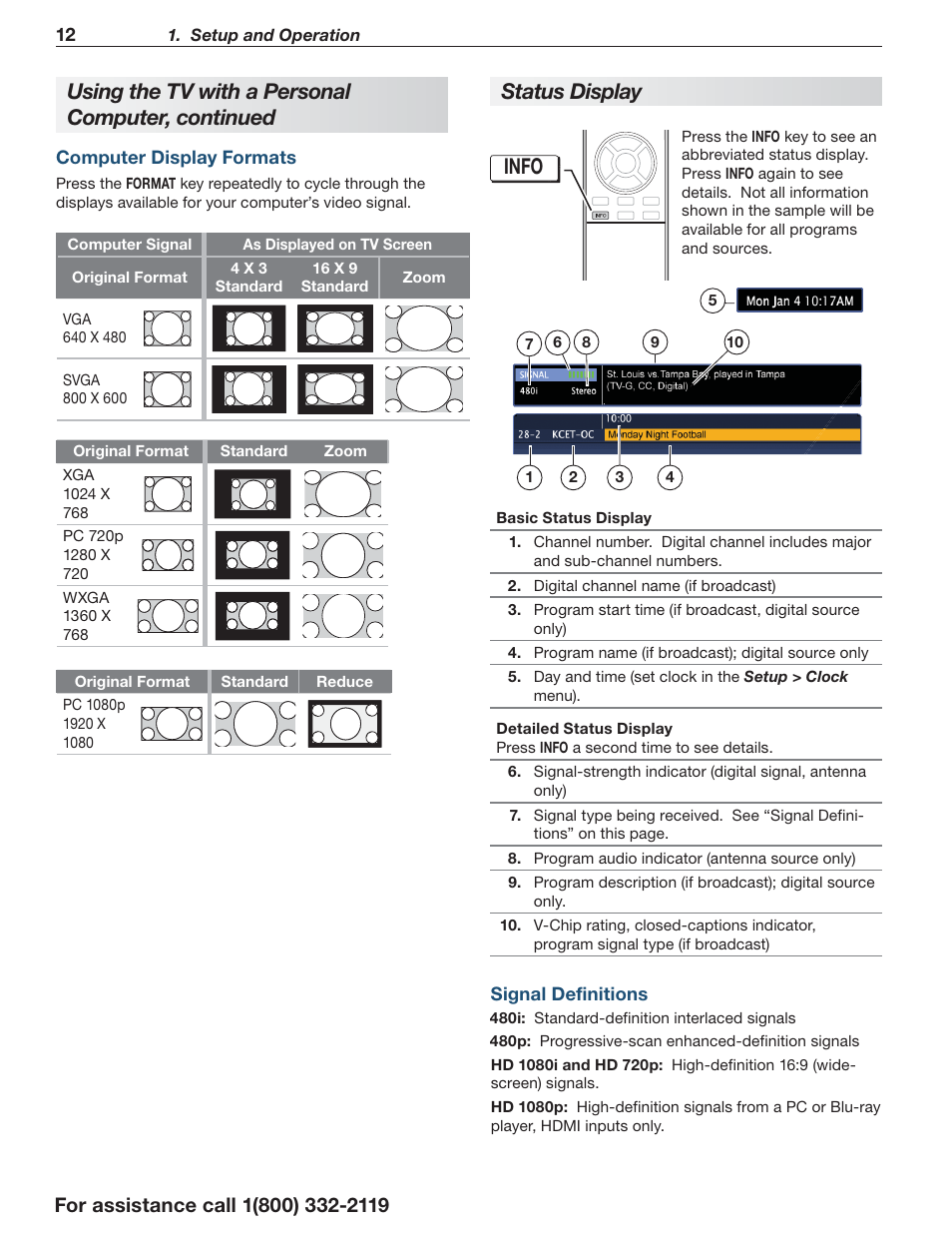 St atus display, Info, Using the tv with a personal computer, continued | Mitsumi electronic C10 SERIES User Manual | Page 12 / 40