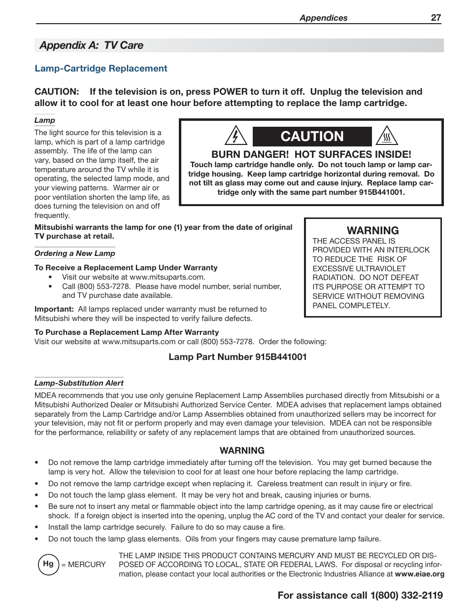 Caution, Warning, Appendix a: tv care | Burn danger! hot surfaces inside | Mitsumi electronic C10 SERIES User Manual | Page 27 / 40