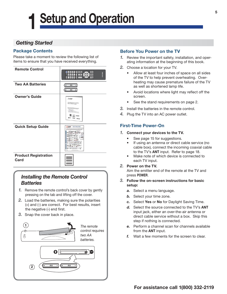 Setup and operation, Installing the r emote control batteries, Getting started | Mitsumi electronic C10 SERIES User Manual | Page 5 / 40