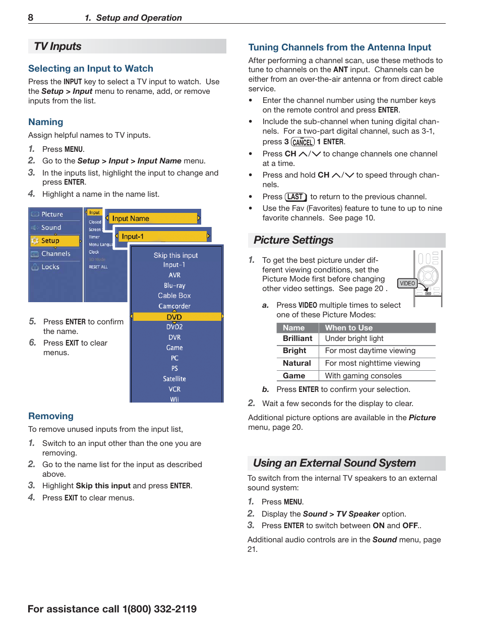 Using an external sound system, Picture settings, Tv i nputs | Mitsumi electronic C10 SERIES User Manual | Page 8 / 40