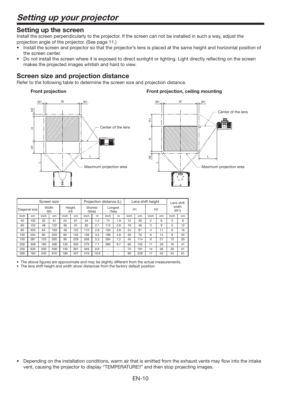 Setting up your projector, Setting up the screen, Screen size and projection distance | En-10 | Mitsumi electronic XD3500U User Manual | Page 10 / 53