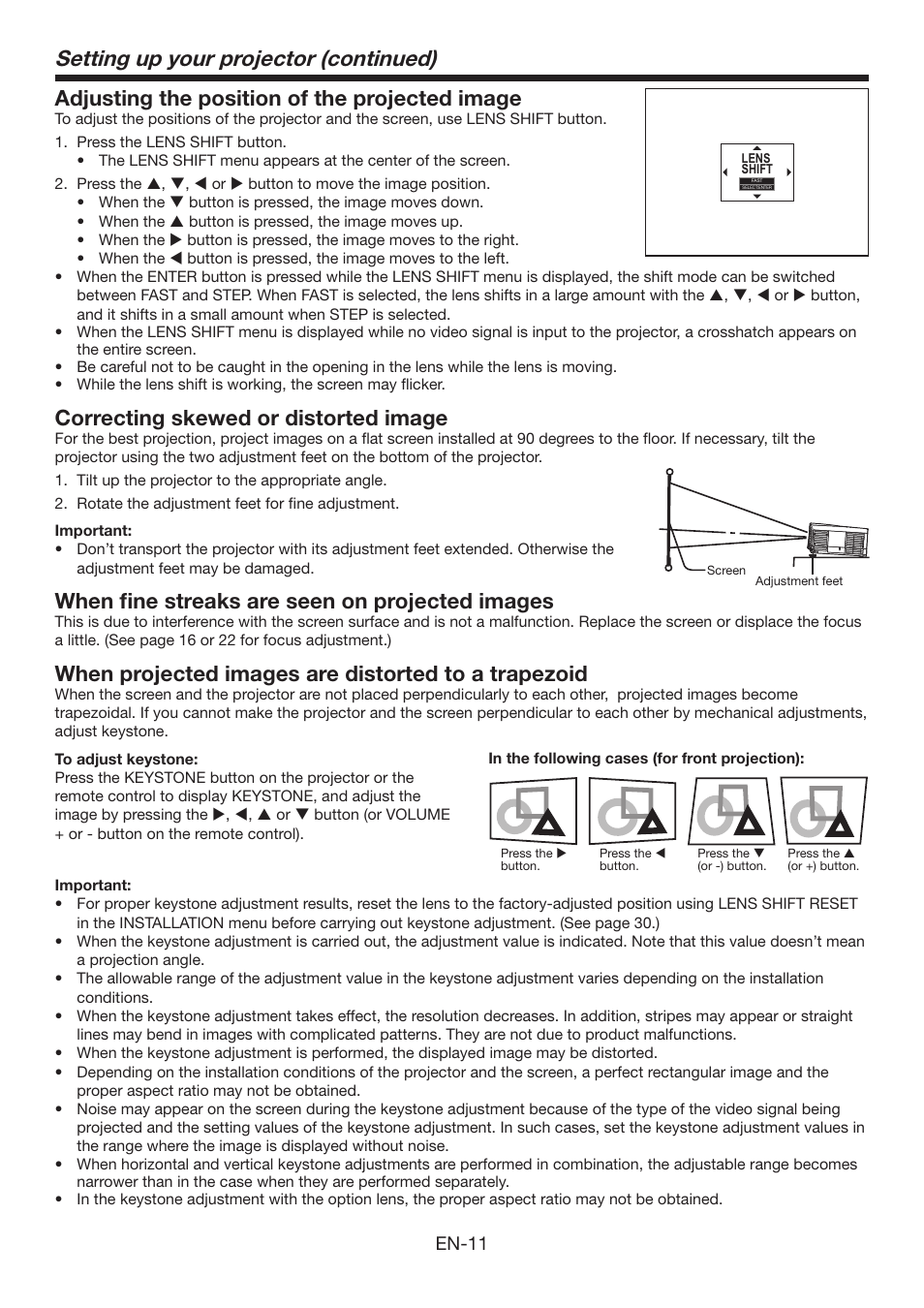 Setting up your projector (continued), Adjusting the position of the projected image, Correcting skewed or distorted image | When ﬁ ne streaks are seen on projected images, When projected images are distorted to a trapezoid, En-11 | Mitsumi electronic XD3500U User Manual | Page 11 / 53