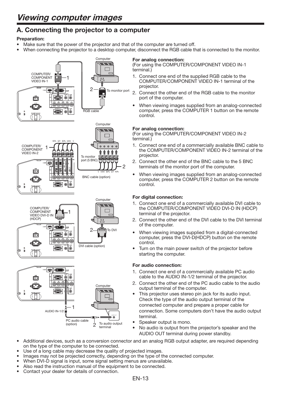 Viewing computer images, A. connecting the projector to a computer, En-13 | Mitsumi electronic XD3500U User Manual | Page 13 / 53