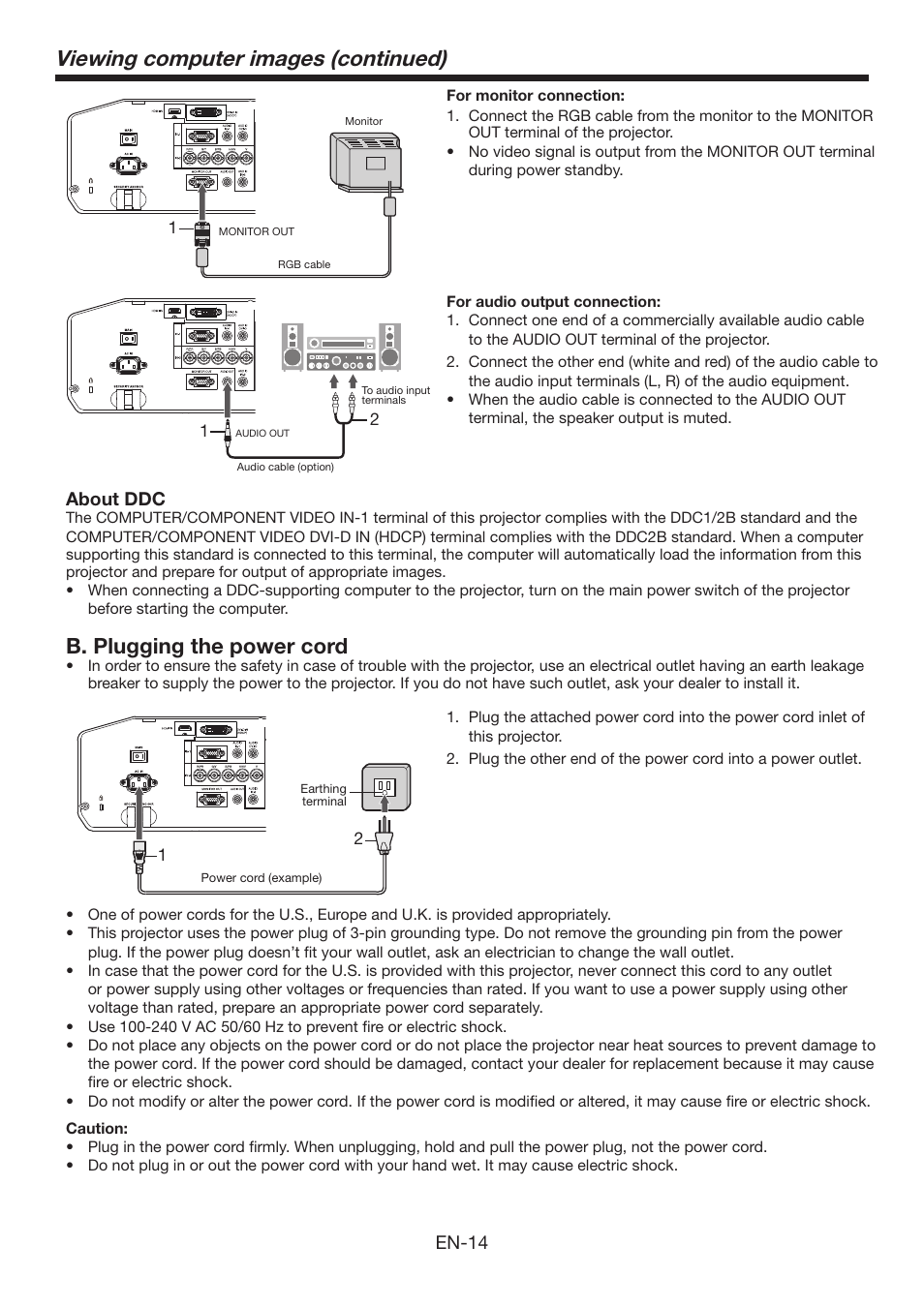 Viewing computer images (continued), B. plugging the power cord, En-14 | About ddc | Mitsumi electronic XD3500U User Manual | Page 14 / 53