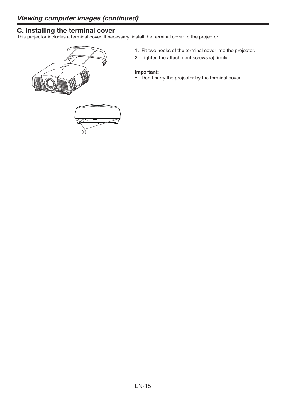 Viewing computer images (continued), C. installing the terminal cover | Mitsumi electronic XD3500U User Manual | Page 15 / 53