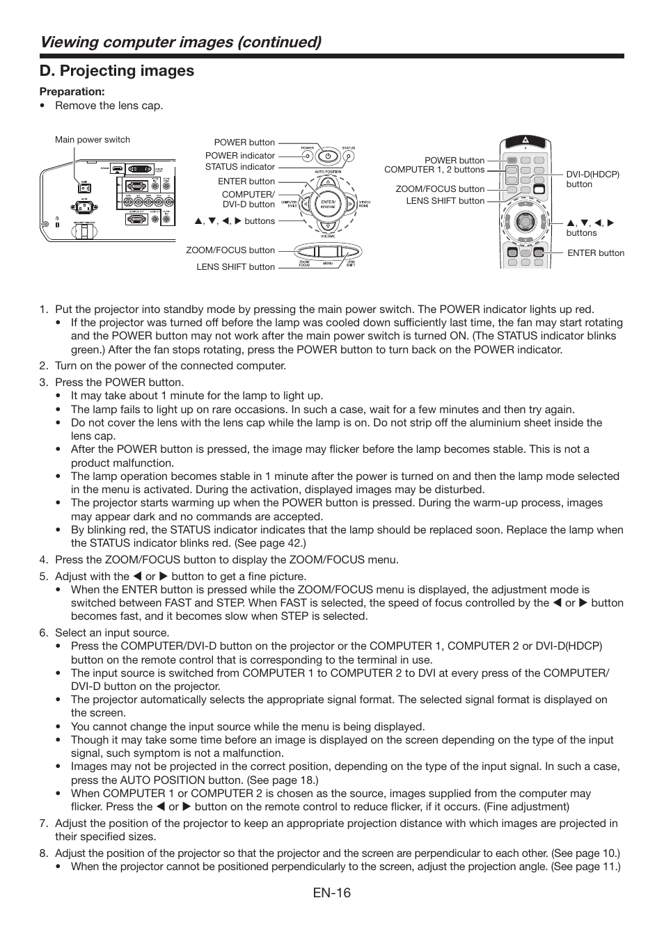 Viewing computer images (continued), D. projecting images, En-16 | Mitsumi electronic XD3500U User Manual | Page 16 / 53