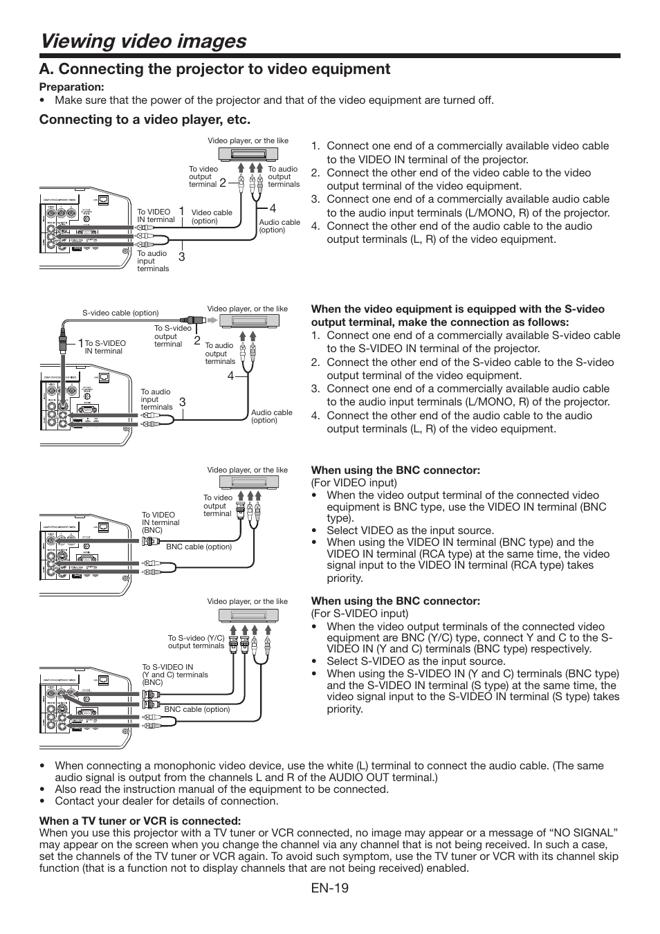 Viewing video images, A. connecting the projector to video equipment, En-19 | Connecting to a video player, etc | Mitsumi electronic XD3500U User Manual | Page 19 / 53