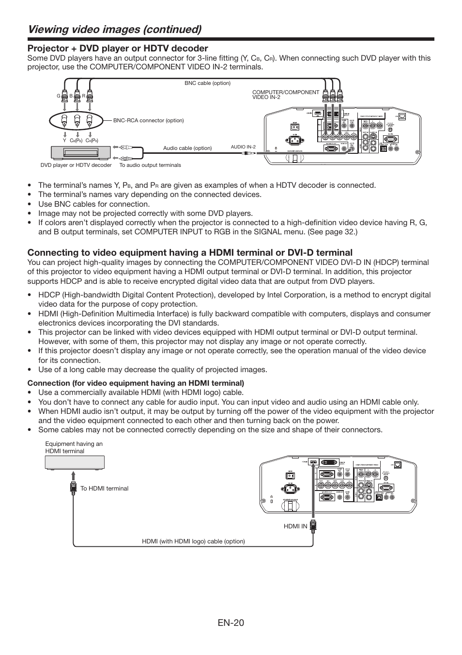 Viewing video images (continued), En-20, Projector + dvd player or hdtv decoder | Mitsumi electronic XD3500U User Manual | Page 20 / 53