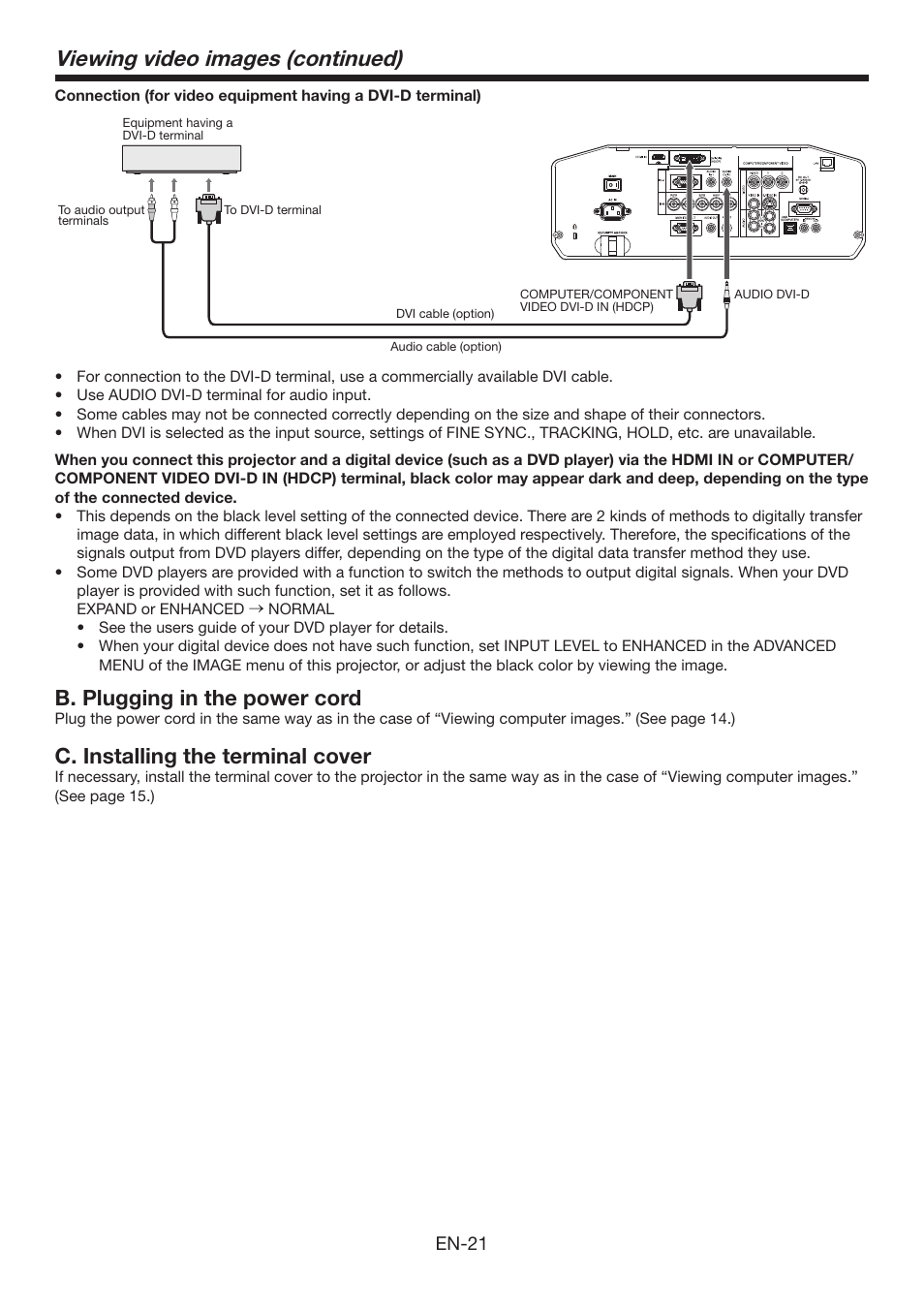 Viewing video images (continued), B. plugging in the power cord, C. installing the terminal cover | Mitsumi electronic XD3500U User Manual | Page 21 / 53