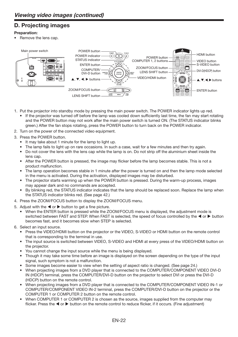 Viewing video images (continued), D. projecting images, En-22 | Mitsumi electronic XD3500U User Manual | Page 22 / 53