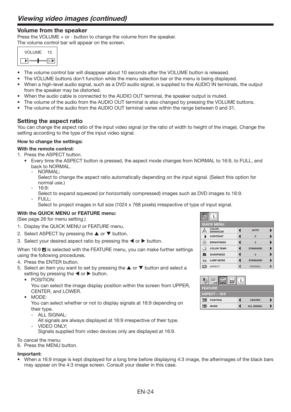 Viewing video images (continued), En-24 volume from the speaker, Setting the aspect ratio | Mitsumi electronic XD3500U User Manual | Page 24 / 53