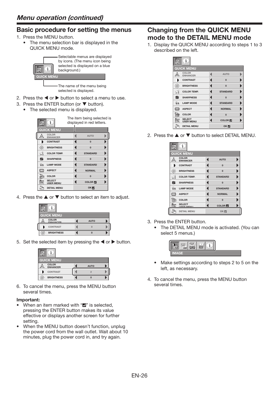 Menu operation (continued), Basic procedure for setting the menus, En-26 | Press the s or t button to select detail menu | Mitsumi electronic XD3500U User Manual | Page 26 / 53