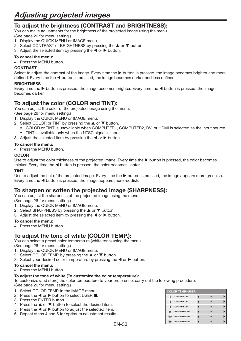 Adjusting projected images, En-33 | Mitsumi electronic XD3500U User Manual | Page 33 / 53