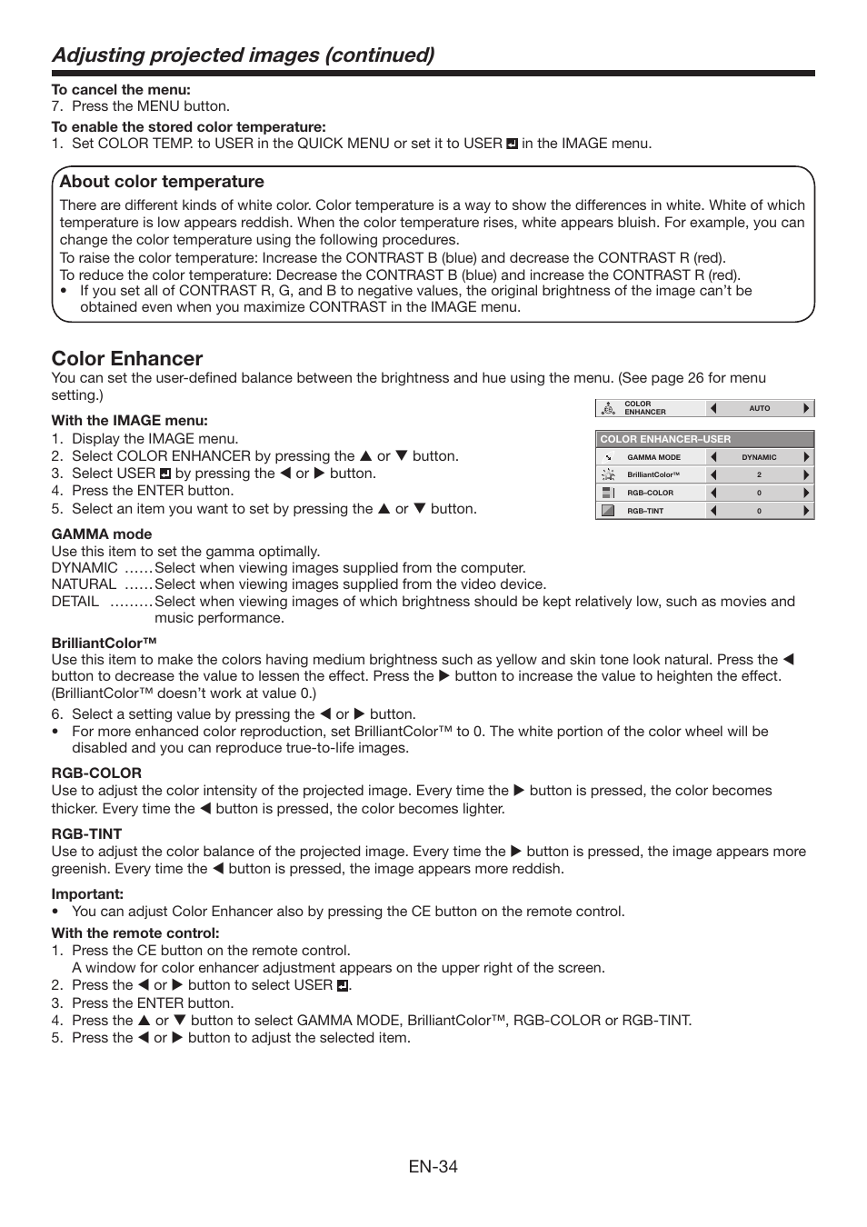 Adjusting projected images (continued), Color enhancer, En-34 | About color temperature | Mitsumi electronic XD3500U User Manual | Page 34 / 53